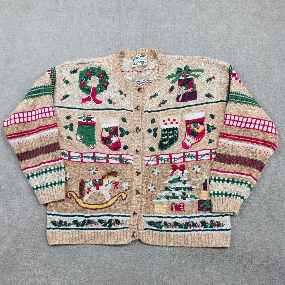 Heirloom Collectibles Vintage 2001 Christmas Cardigan L Tan Ramie Cotton Festive